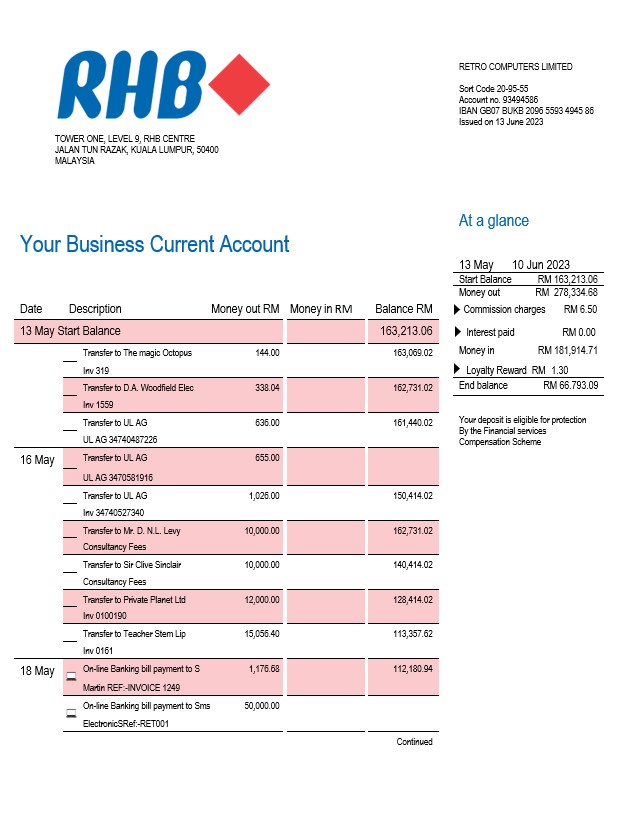 Modèle Word et PDF de relevé de compte courant de la société RHB Bank